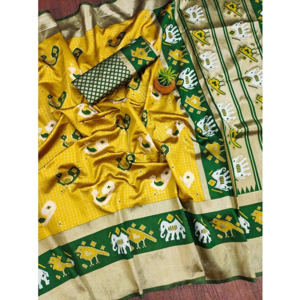 Women's Soft Litchi Silk Jacquard Work Saree With Unstitched Blouse 5.5Mtr (Yellow-Green) - VANSHELLE
