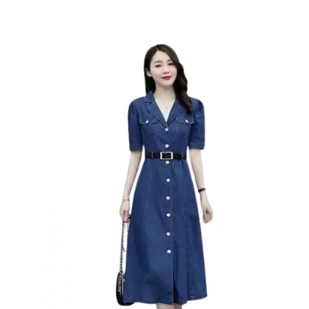Women's Casual Denim Half Sleeves Dress (Blue) - VANSHELLE