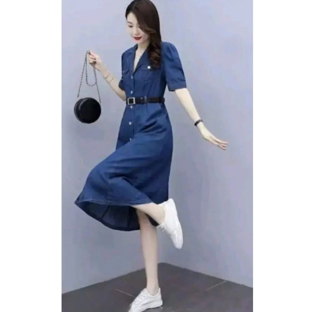Women's Casual Denim Half Sleeves Dress (Blue) - VANSHELLE