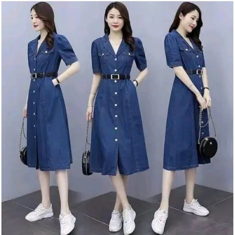 Women's Casual Denim Half Sleeves Dress (Blue) - VANSHELLE