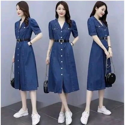 Women's Casual Denim Half Sleeves Dress (Blue)