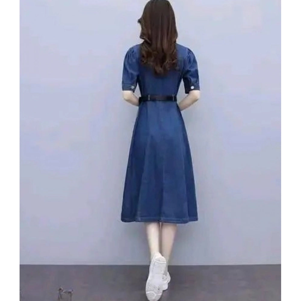 Women's Casual Denim Half Sleeves Dress (Blue) - VANSHELLE