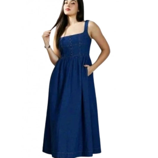 Women'S Casual Denim Sleeveless Dress (Blue)