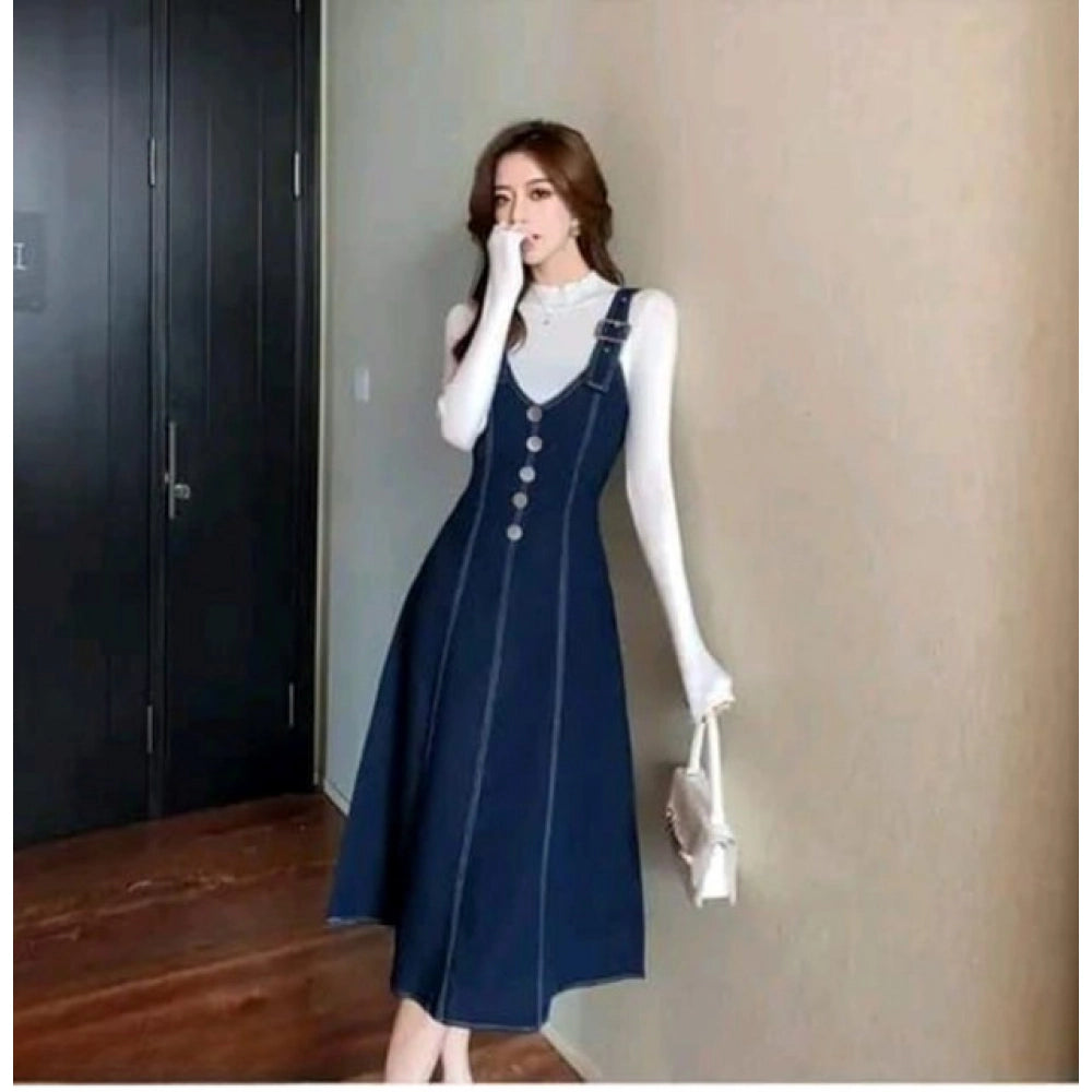 Women's Casual Denim Sleeveless Dress (Blue) - VANSHELLE