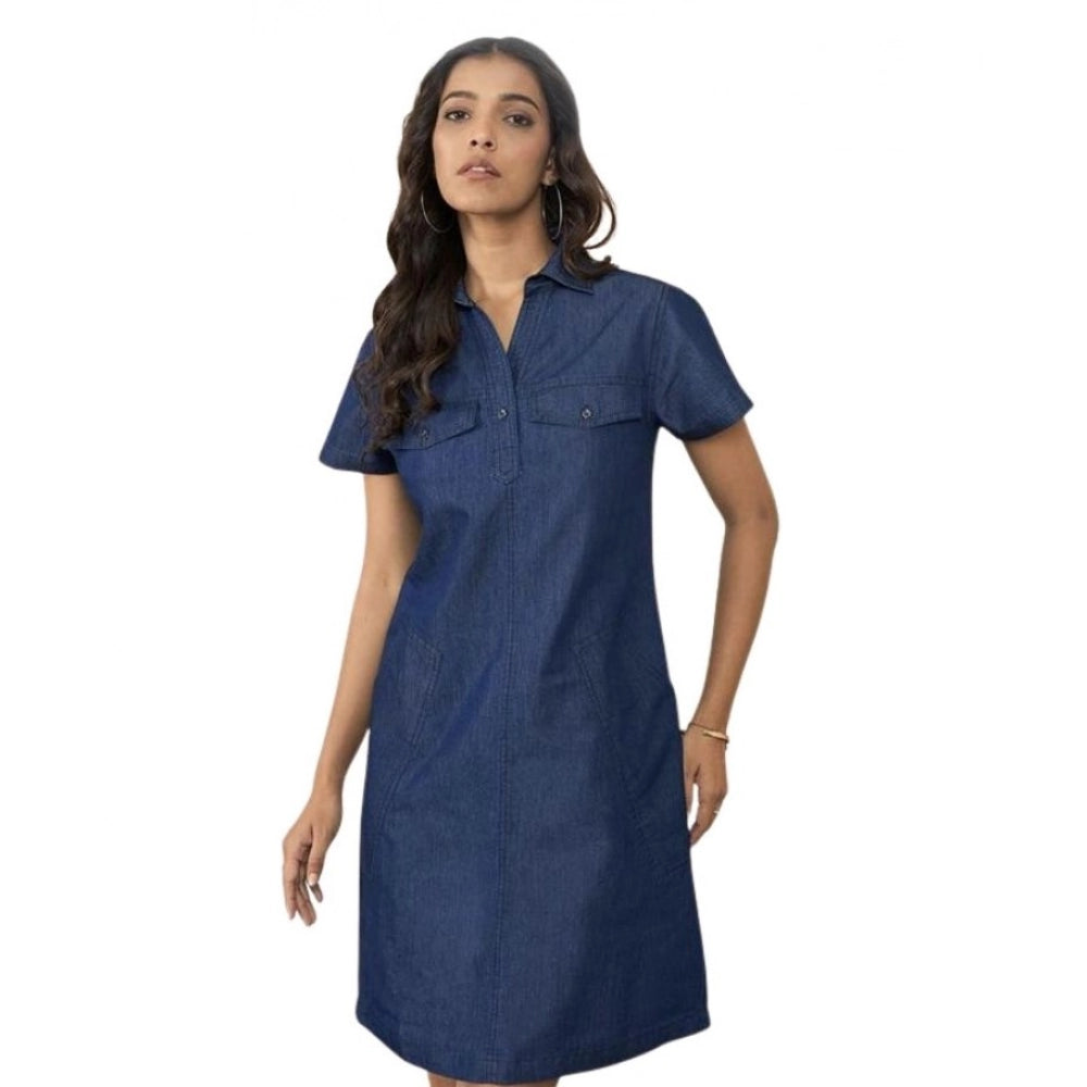 Women's Casual Denim Half Sleeves Dress (Blue) - VANSHELLE