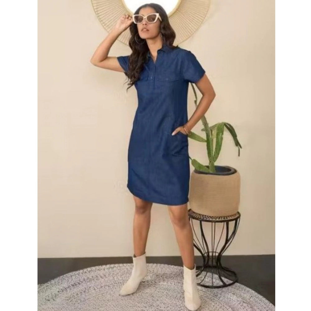 Women's Casual Denim Half Sleeves Dress (Blue) - VANSHELLE