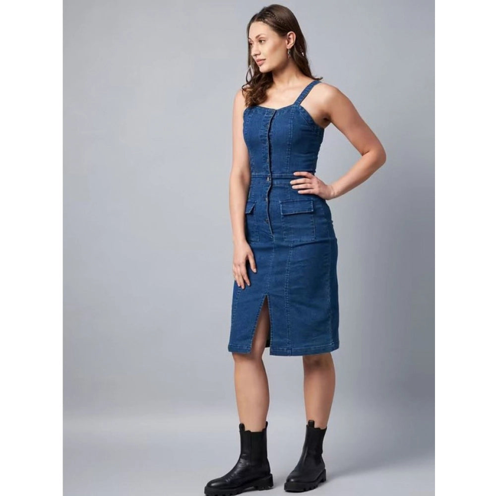 Women's Casual Denim Sleeveless Dress (Blue) - VANSHELLE