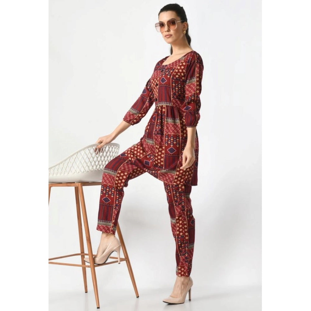 Women's Casual Crepe 3-4th Sleeves Cord Set (Maroon) - VANSHELLE