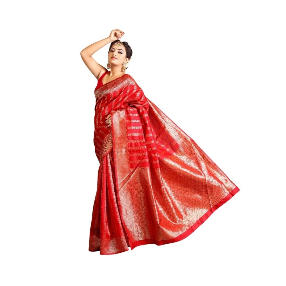 Women's Soft Lichi Silk Printed Saree With Unstitched Blouse 5.5Mtr (Red) - VANSHELLE