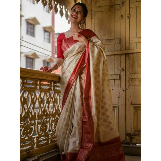 Women's Soft Lichi Silk Printed Saree With Unstitched Blouse 5.5Mtr (White) - VANSHELLE