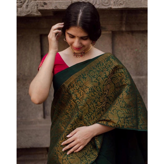 Women's Soft Lichi Silk Printed Saree With Unstitched Blouse 5.5Mtr (Green) - VANSHELLE
