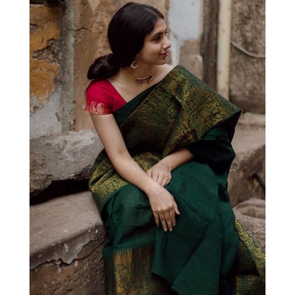 Women's Soft Lichi Silk Printed Saree With Unstitched Blouse 5.5Mtr (Green)