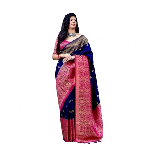 Women's Soft Lichi Silk Printed Saree With Unstitched Blouse 5.5Mtr (Blue) - VANSHELLE