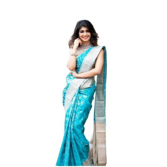 Women's Soft Lichi Silk Printed Saree With Unstitched Blouse 5.5Mtr (Sky-Blue) - VANSHELLE