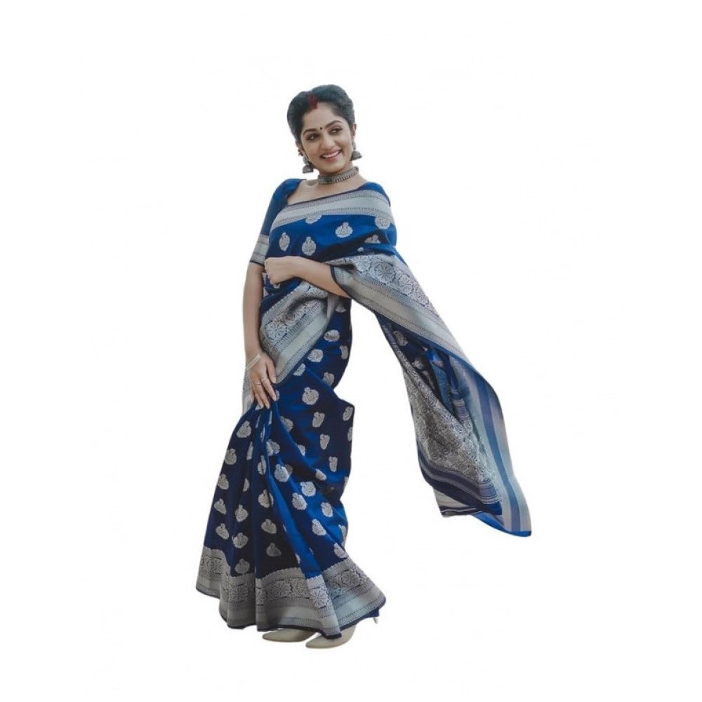 Women's Soft Lichi Silk Printed Saree With Unstitched Blouse 5.5Mtr (Blue) - VANSHELLE