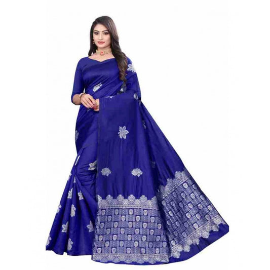 Women's Soft Lichi Silk Printed Saree With Unstitched Blouse 5.5Mtr (Blue) - VANSHELLE