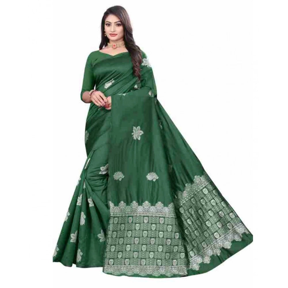 Women's Soft Lichi Silk Printed Saree With Unstitched Blouse 5.5Mtr (Green) - VANSHELLE