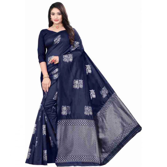 Women's Soft Lichi Silk Printed Saree With Unstitched Blouse 5.5Mtr (Blue) - VANSHELLE