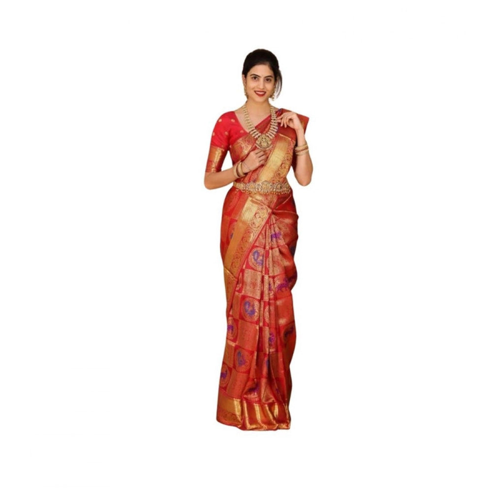 Women's Soft Lichi Silk Printed Saree With Unstitched Blouse 5.5Mtr (Red) - VANSHELLE