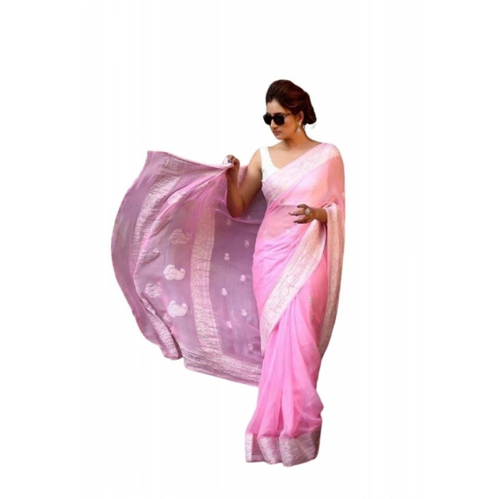 Women's Soft Lichi Silk Printed Saree With Unstitched Blouse 5.5Mtr (Pink) - VANSHELLE