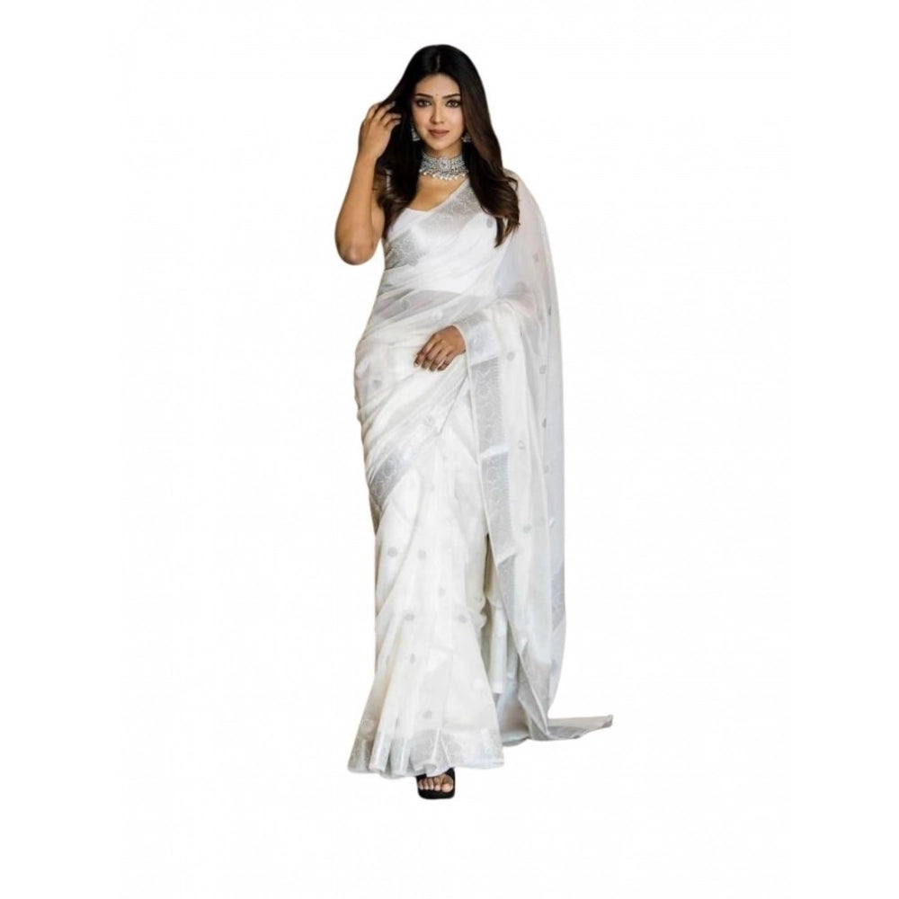 Women's Soft Lichi Silk Printed Saree With Unstitched Blouse 5.5Mtr (White) - VANSHELLE