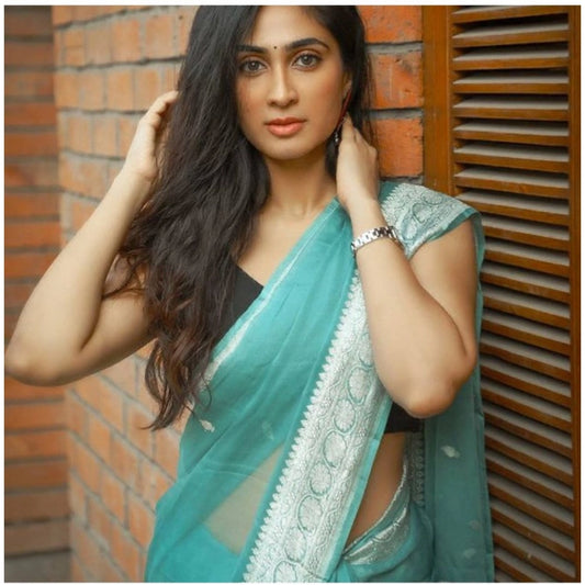 Women's Soft Lichi Silk Printed Saree With Unstitched Blouse 5.5Mtr (Sky-Blue) - VANSHELLE