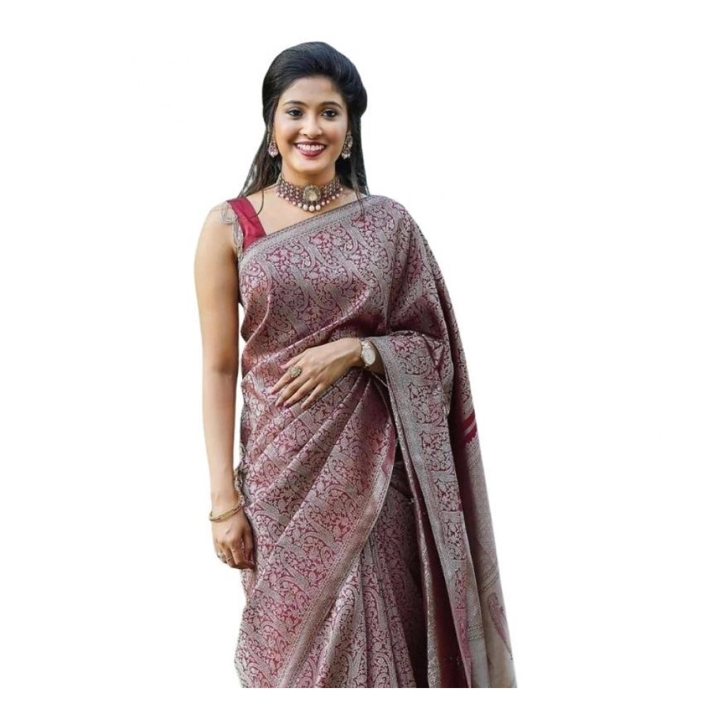 Women's Soft Lichi Silk Printed Saree With Unstitched Blouse 5.5Mtr (Wine) - VANSHELLE
