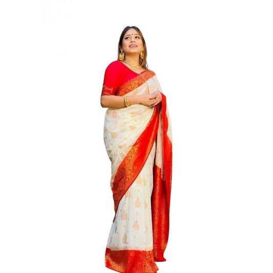 Women's Soft Lichi Silk Printed Saree With Unstitched Blouse 5.5Mtr (White) - VANSHELLE
