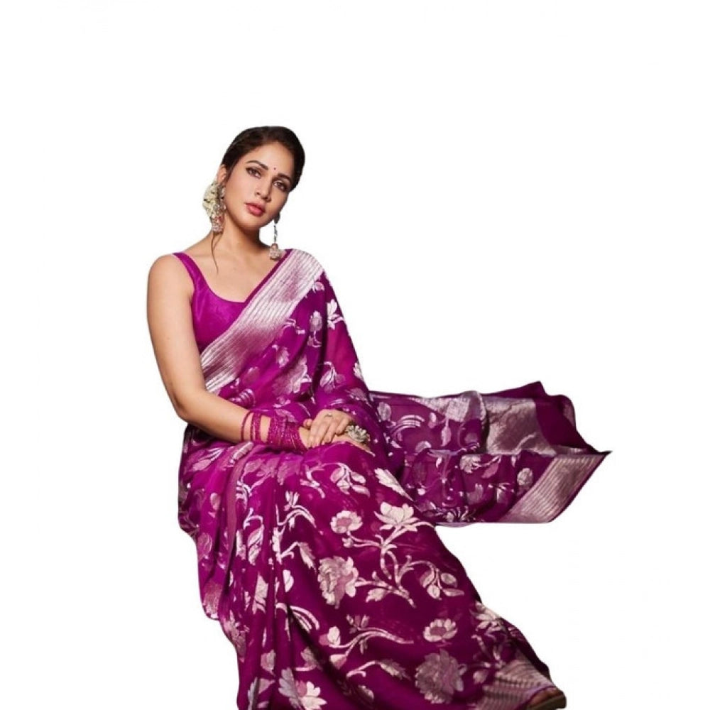 Women's Soft Lichi Silk Printed Saree With Unstitched Blouse 5.5Mtr (Purple) - VANSHELLE
