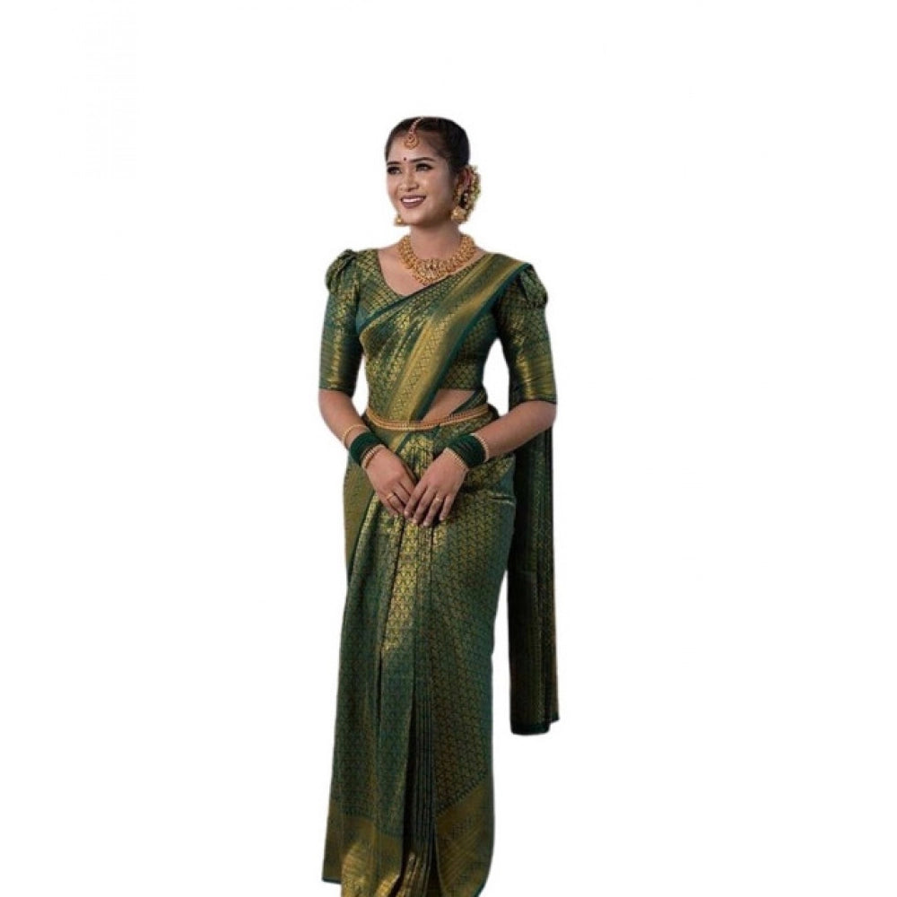Women's Soft Lichi Silk Printed Saree With Unstitched Blouse 5.5Mtr (Green) - VANSHELLE
