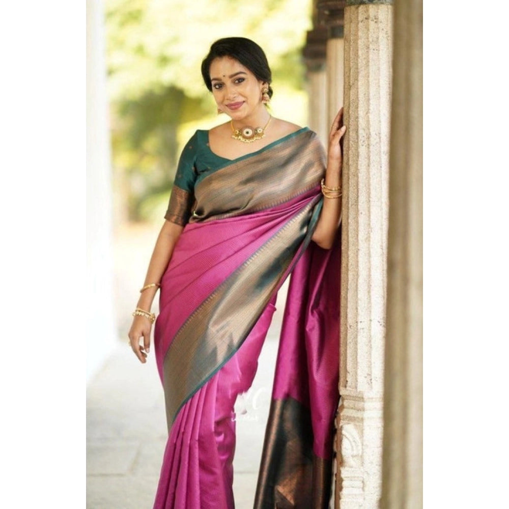 Women's Soft Lichi Silk Printed Saree With Unstitched Blouse 5.5Mtr (Pink) - VANSHELLE