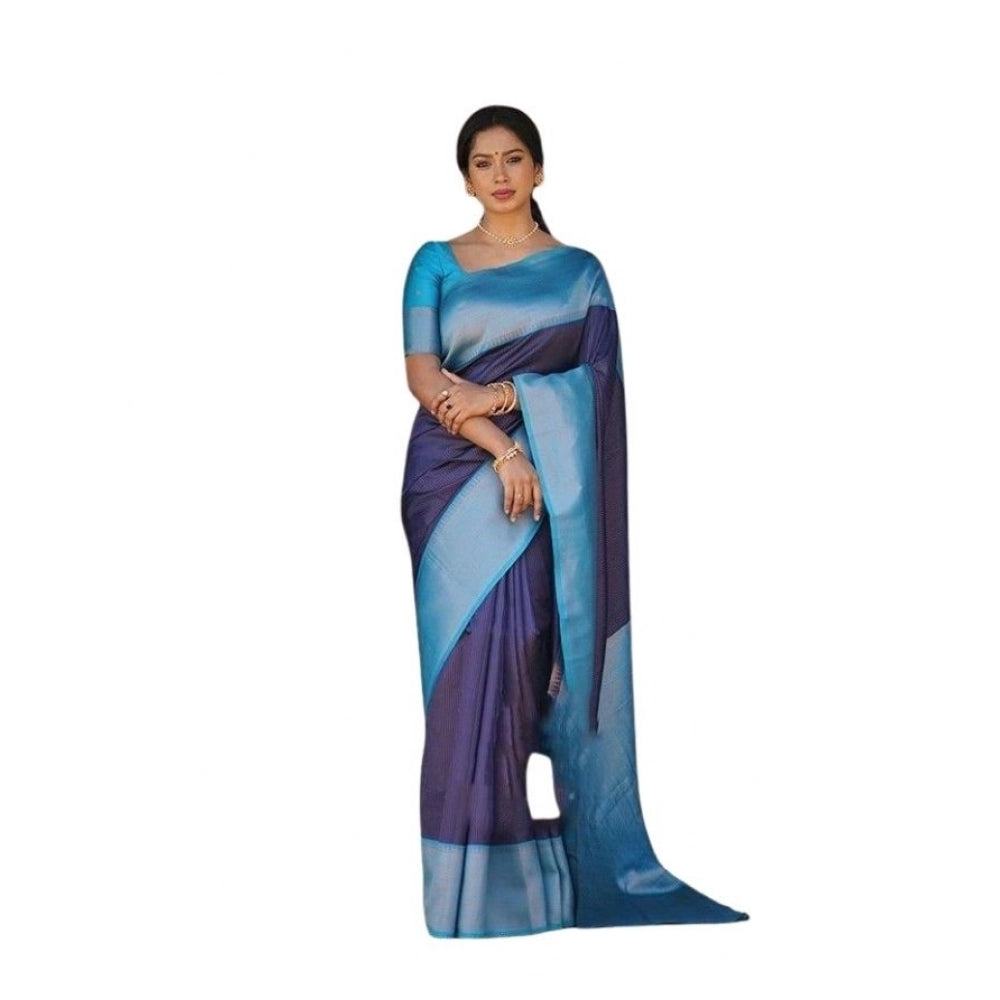 Women's Soft Lichi Silk Printed Saree With Unstitched Blouse 5.5Mtr (Blue) - VANSHELLE
