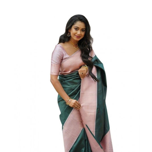 Women's Soft Lichi Silk Printed Saree With Unstitched Blouse 5.5Mtr (Green) - VANSHELLE