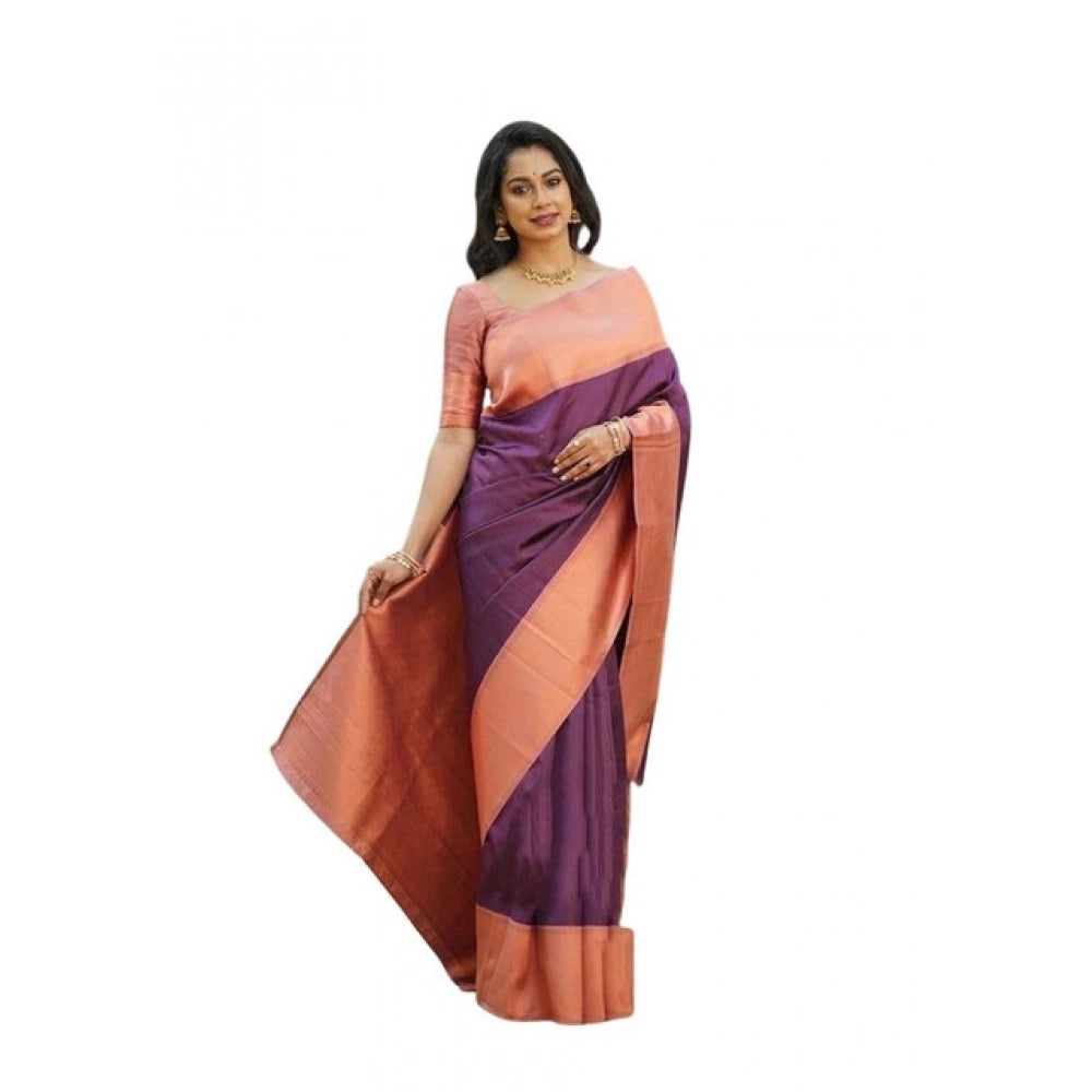Women's Soft Lichi Silk Printed Saree With Unstitched Blouse 5.5Mtr (Purple) - VANSHELLE