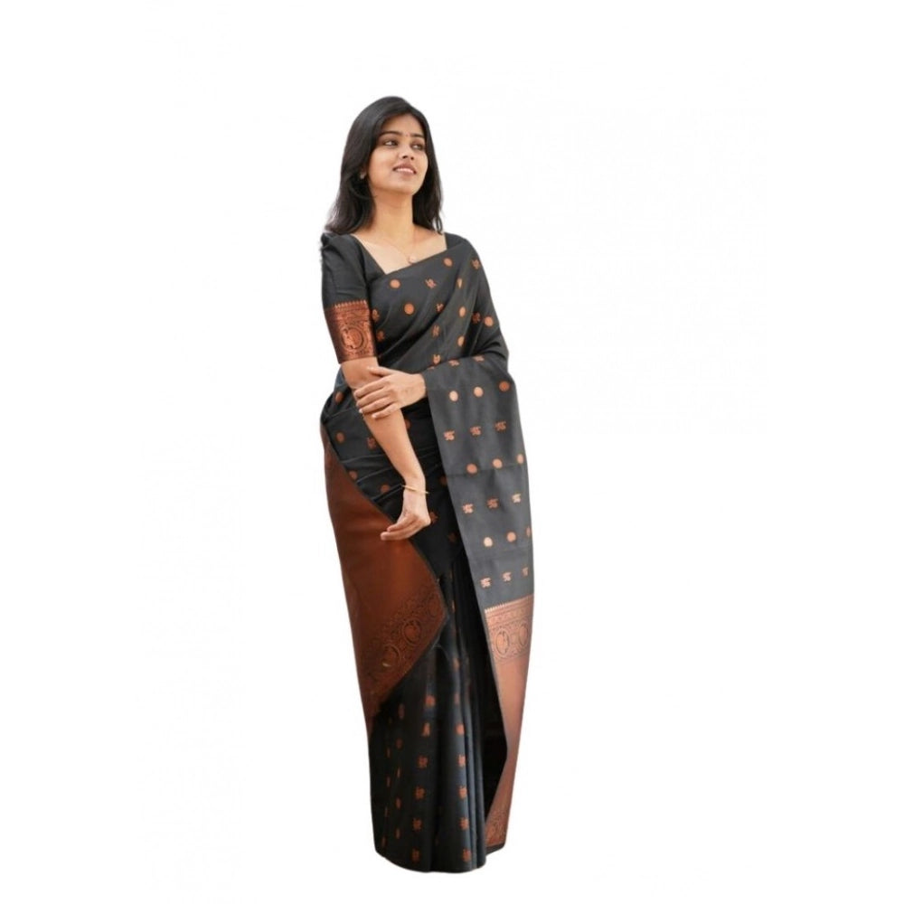 Women's Soft Lichi Silk Printed Saree With Unstitched Blouse 5.5Mtr (Black) - VANSHELLE