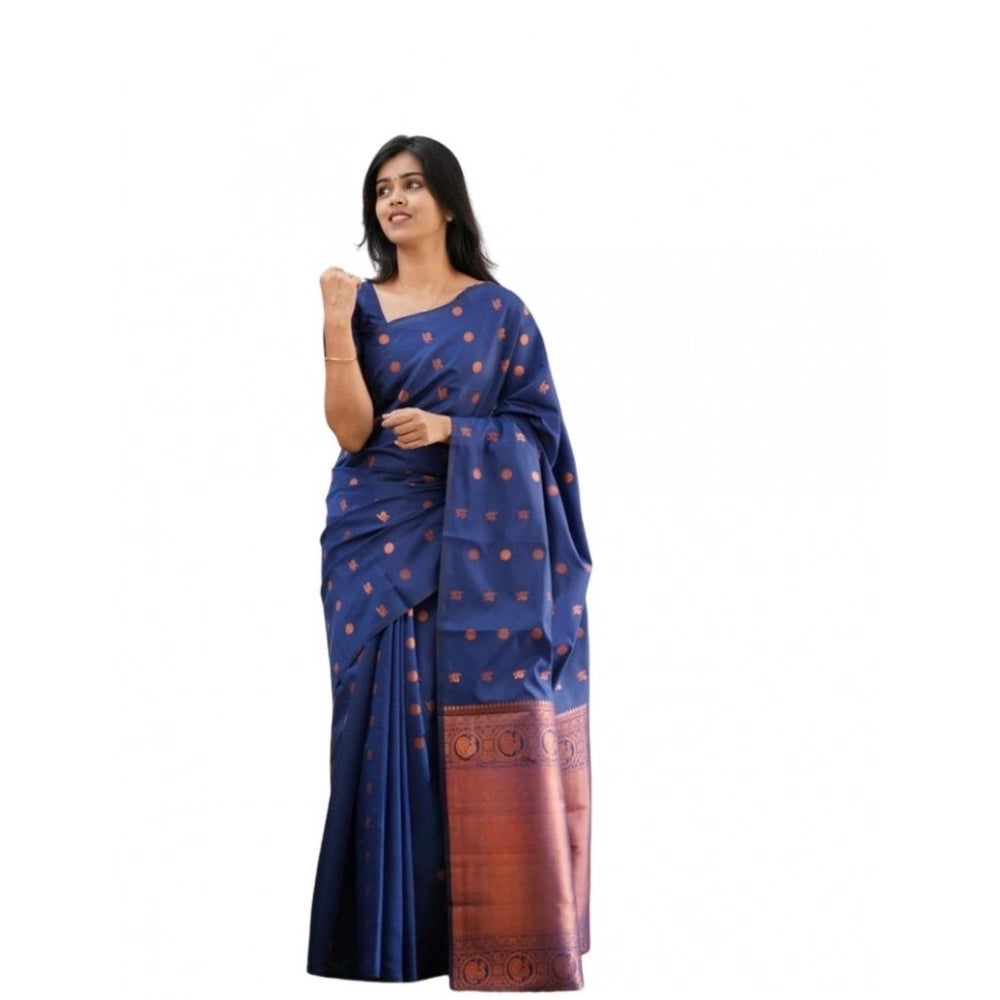 Women's Soft Lichi Silk Printed Saree With Unstitched Blouse 5.5Mtr (Blue) - VANSHELLE