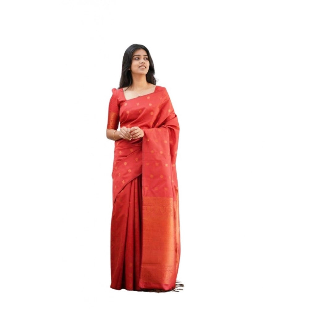 Women's Soft Lichi Silk Printed Saree With Unstitched Blouse 5.5Mtr (Red) - VANSHELLE