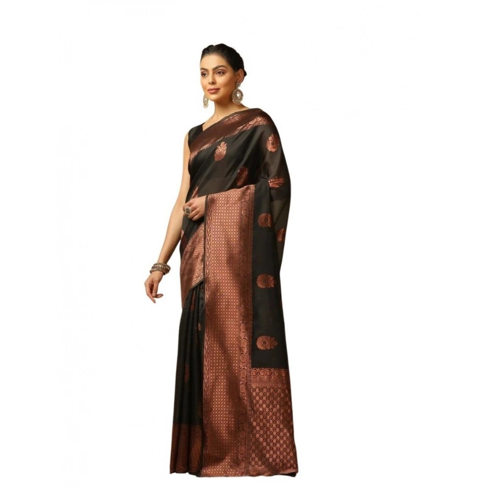 Women's Soft Lichi Silk Printed Saree With Unstitched Blouse 5.5Mtr (Black) - VANSHELLE