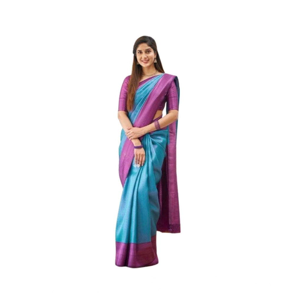 Women's Soft Lichi Silk Printed Saree With Unstitched Blouse 5.5Mtr (Sky-Blue) - VANSHELLE