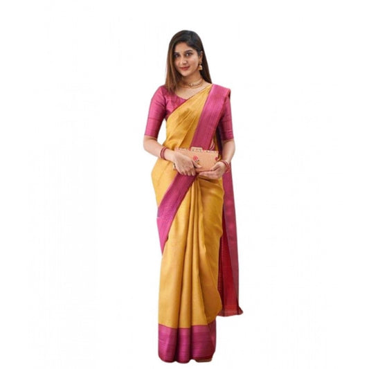 Women's Soft Lichi Silk Printed Saree With Unstitched Blouse 5.5Mtr (Mustard ) - VANSHELLE