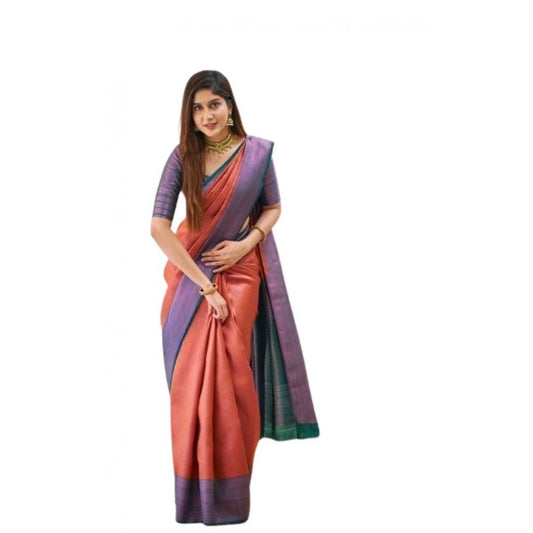 Women's Soft Lichi Silk Printed Saree With Unstitched Blouse 5.5Mtr (Orange) - VANSHELLE