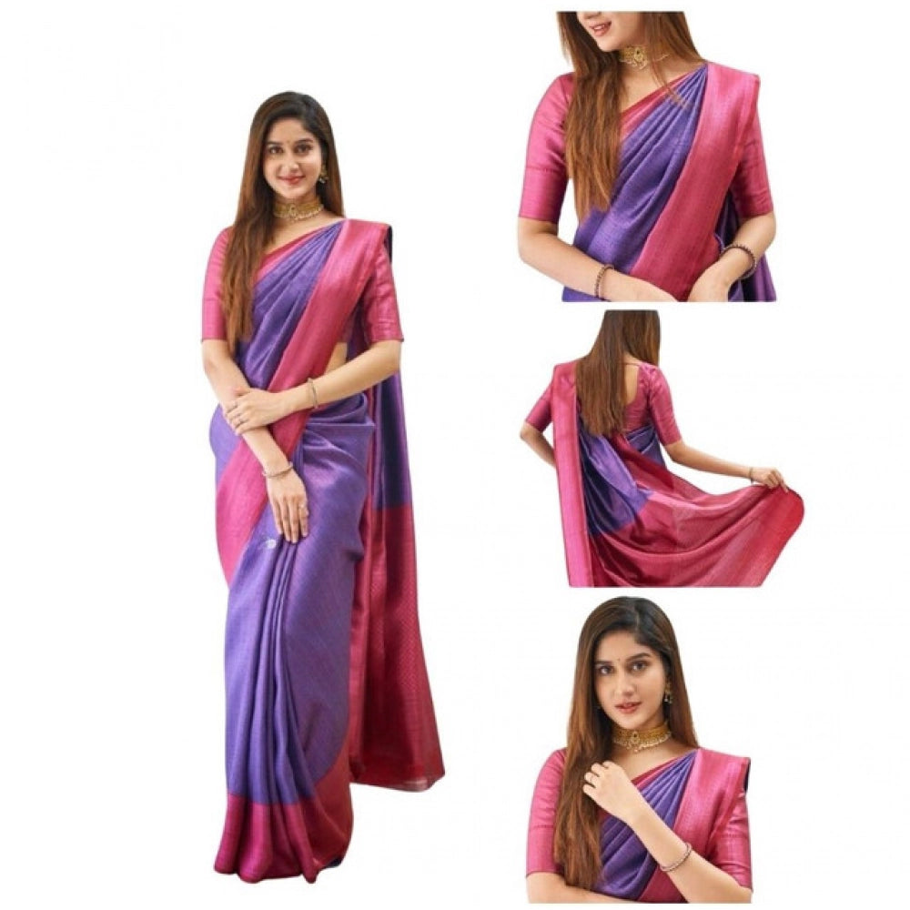 Women's Soft Lichi Silk Printed Saree With Unstitched Blouse 5.5Mtr (Purple) - VANSHELLE