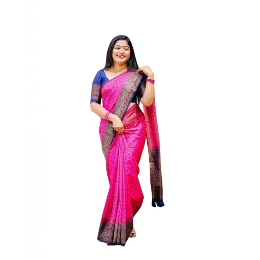 Women's Soft Lichi Silk Printed Saree With Unstitched Blouse 5.5Mtr (Pink) - VANSHELLE