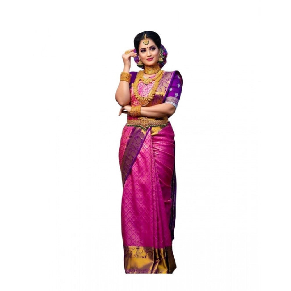 Women's Soft Lichi Silk Printed Saree With Unstitched Blouse 5.5Mtr (Pink) - VANSHELLE