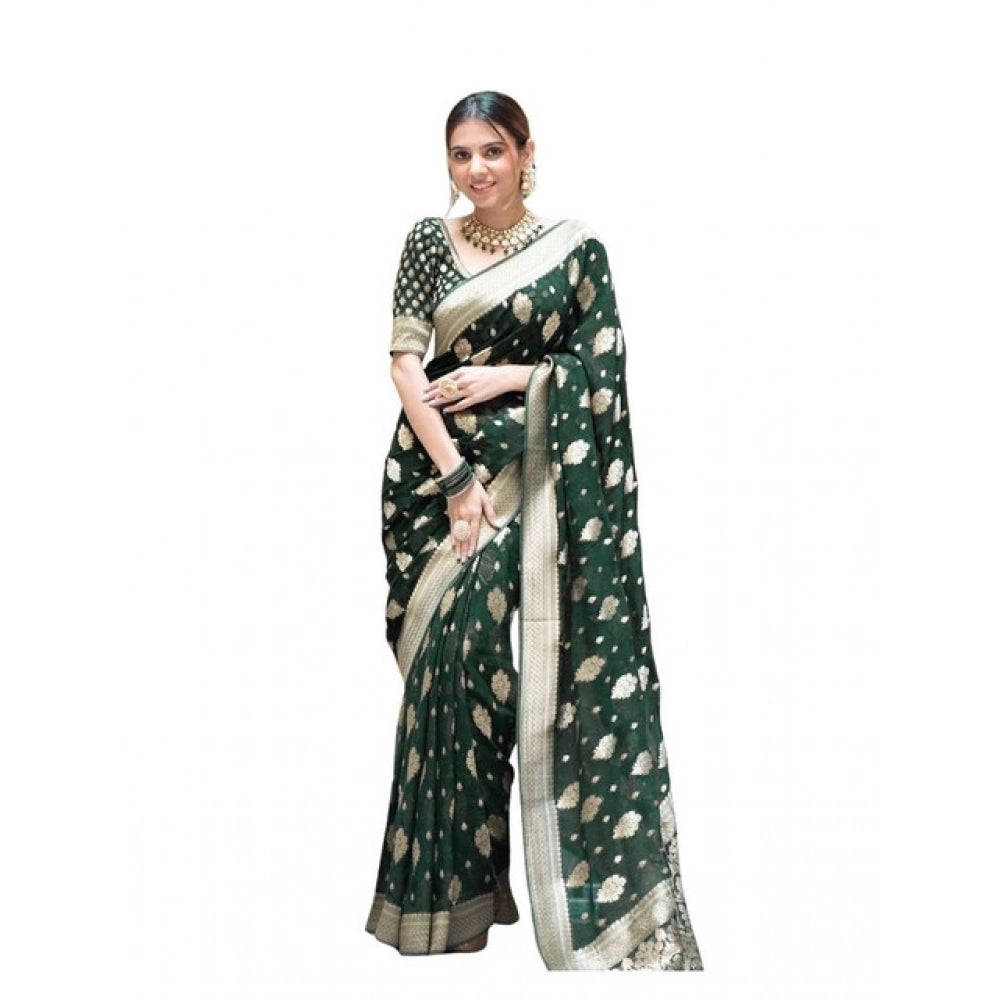 Women's Soft Lichi Silk Printed Saree With Unstitched Blouse 5.5Mtr (Green) - VANSHELLE