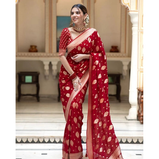 Women's Soft Lichi Silk Printed Saree With Unstitched Blouse 5.5Mtr (Red) - VANSHELLE