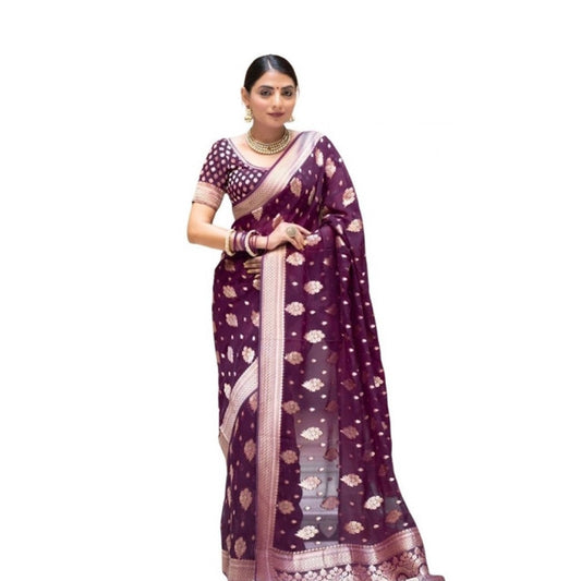 Women's Soft Lichi Silk Printed Saree With Unstitched Blouse 5.5Mtr (Purple) - VANSHELLE