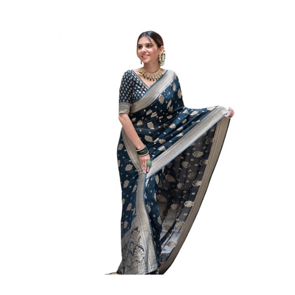 Women's Soft Lichi Silk Printed Saree With Unstitched Blouse 5.5Mtr (Blue) - VANSHELLE