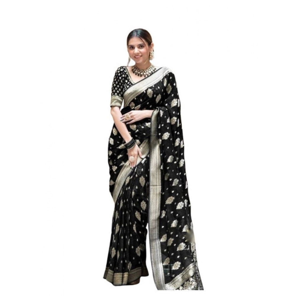 Women's Soft Lichi Silk Printed Saree With Unstitched Blouse 5.5Mtr (Black) - VANSHELLE
