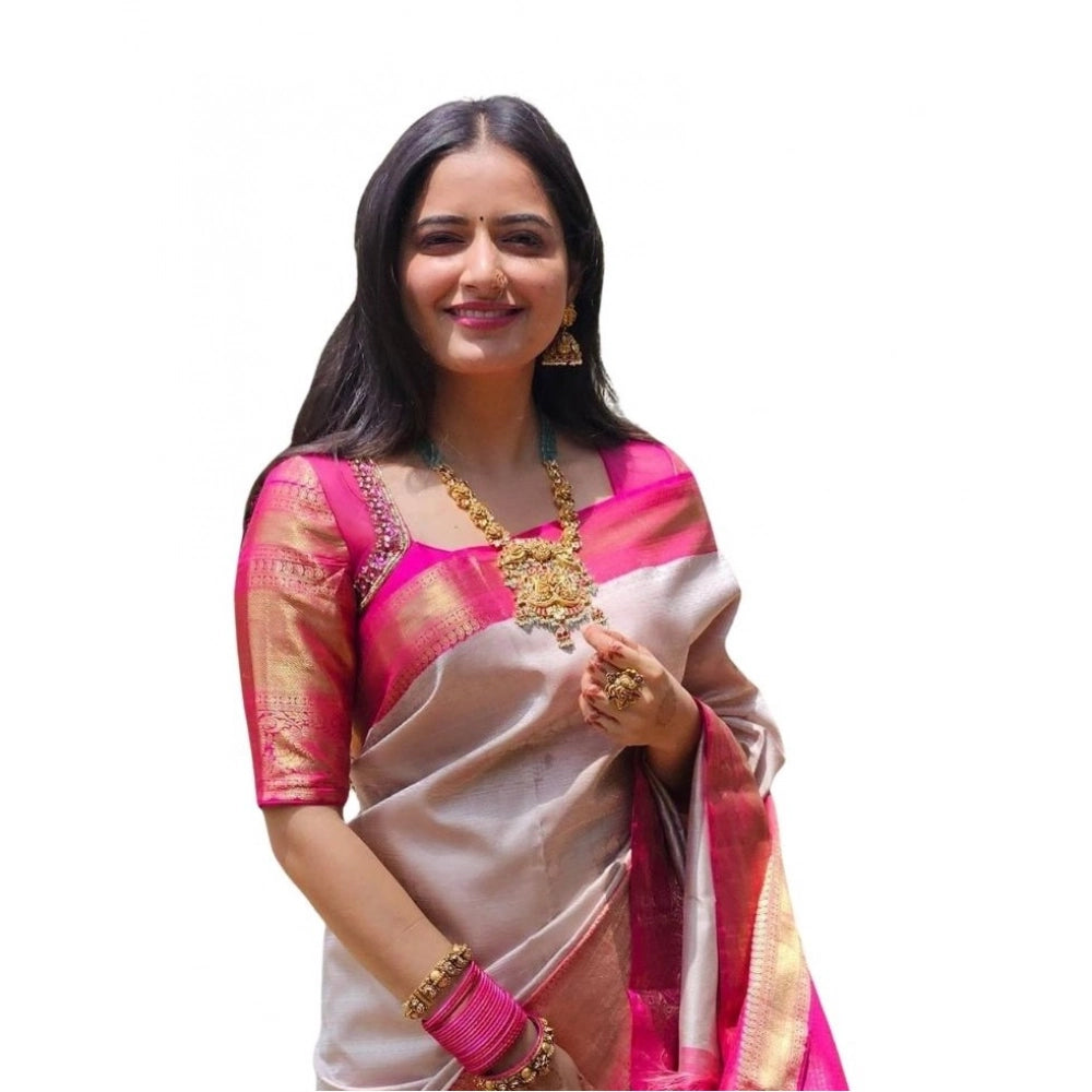 Women's Soft Lichi Silk Printed Saree With Unstitched Blouse 5.5Mtr (Grey) - VANSHELLE